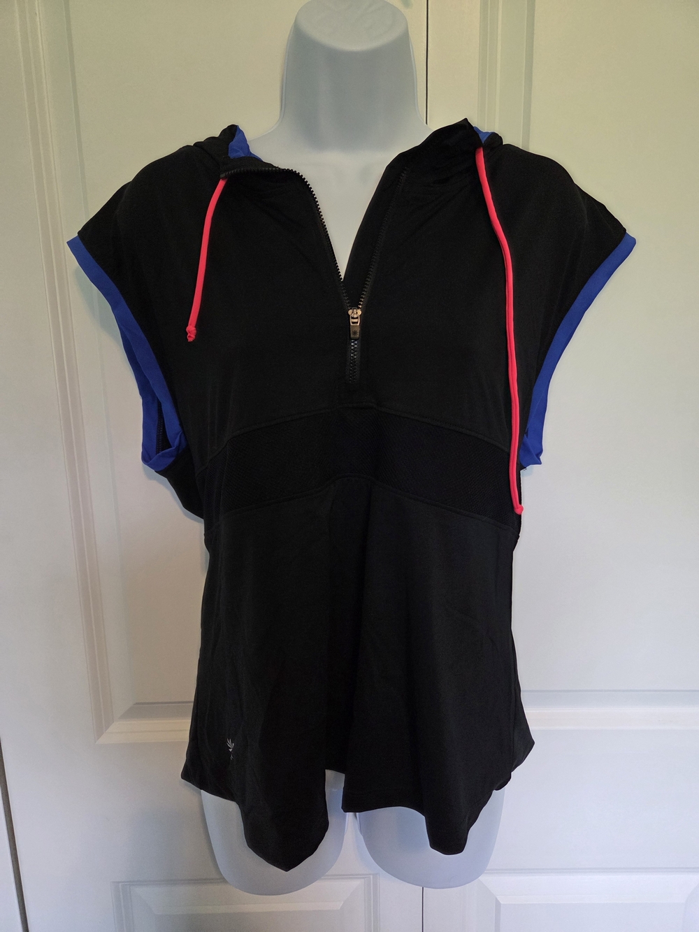 Athleta Black Hooded Short-Sleeve Zip Top with Blue Trim and Pink Drawcords